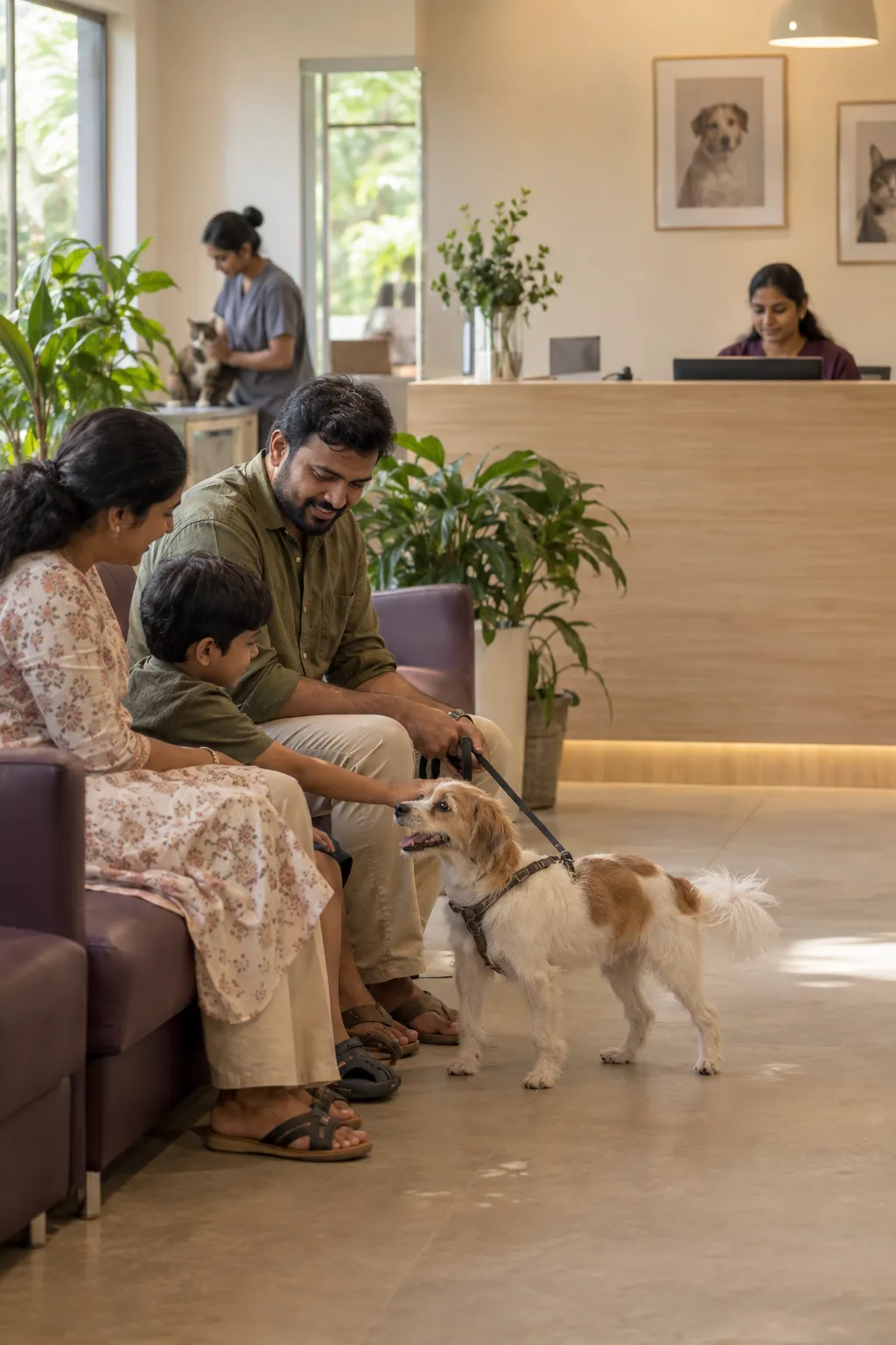 A family waiting with their dog in Petoria's reception area