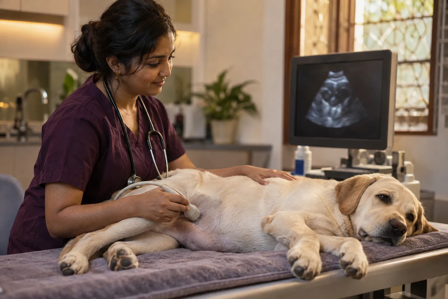 A veterinarian performing an ultrasound scan on a Labrador retriever lying on an examination table