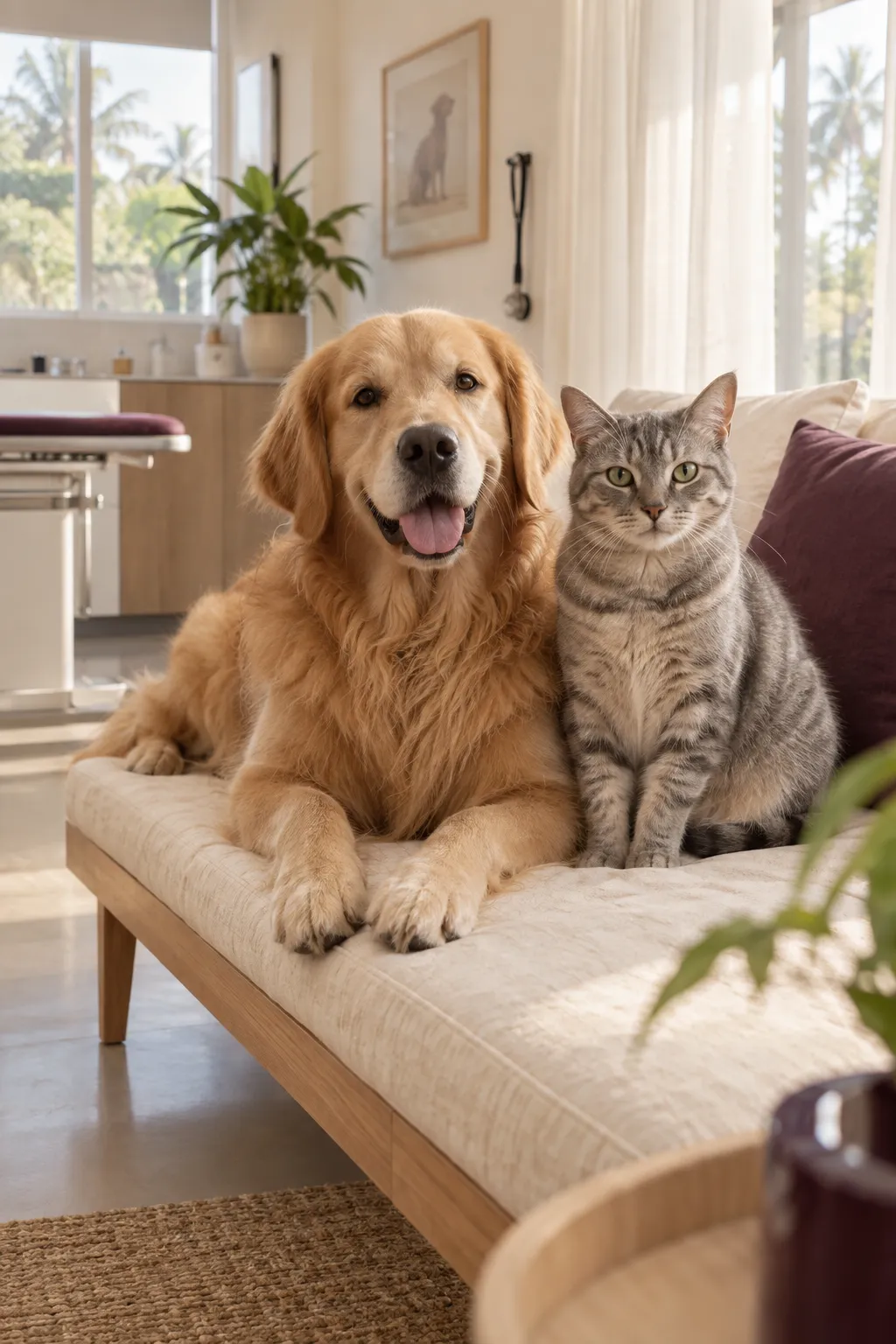 A golden retriever and a grey tabby cat sitting together on a cream daybed in a bright clinic room